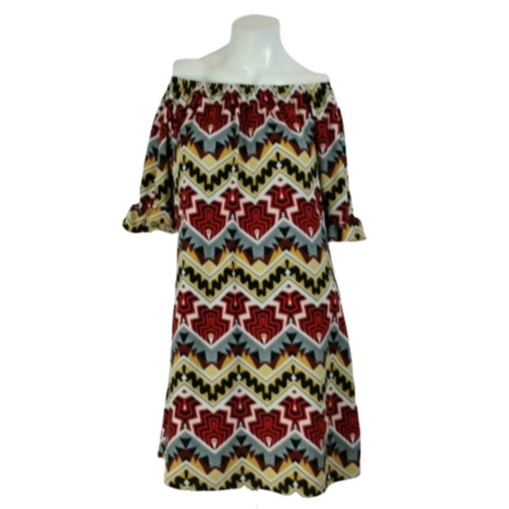 West Loop Colorful Tribal Aztec Off-Shoulder Dress